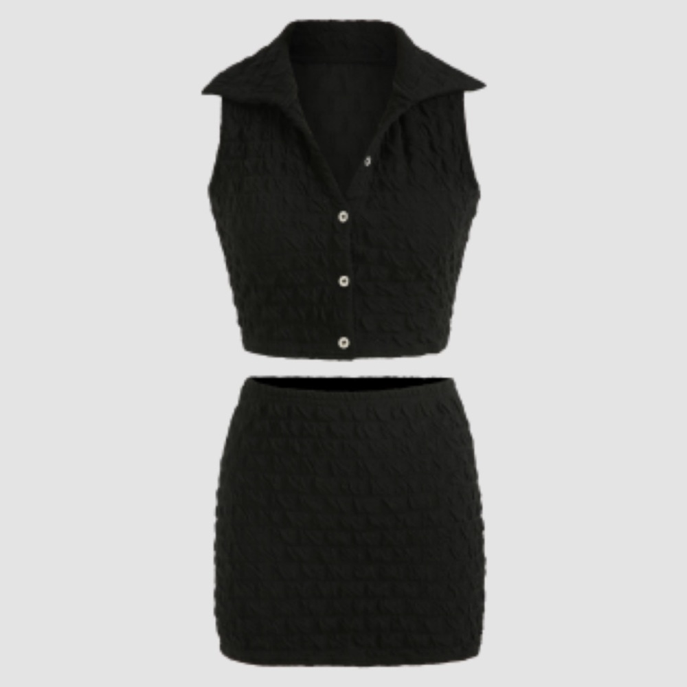 TEXTURE BUTTON UP COLLAR TANK TOP AND SKIRT SET